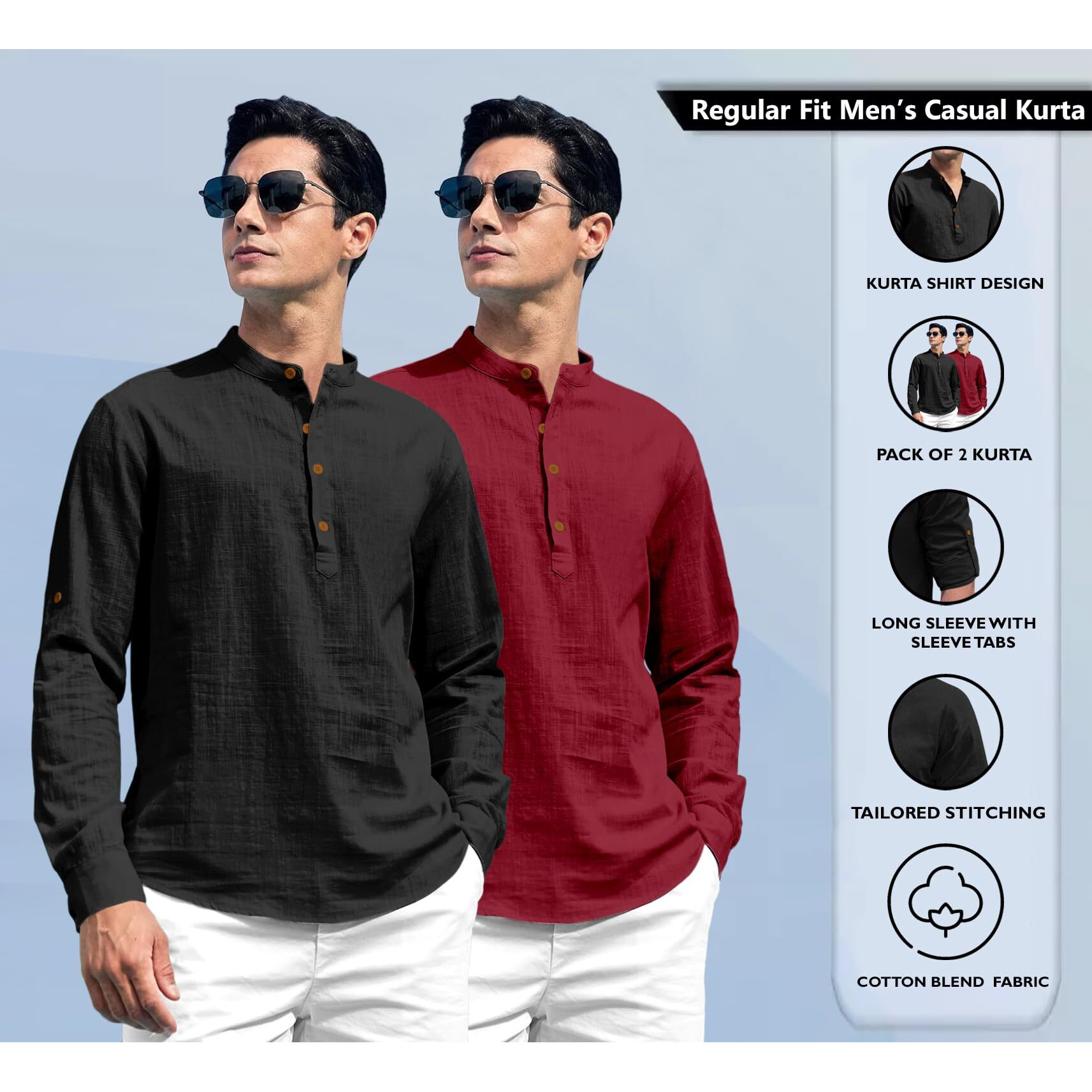 Zombom Combo of Men's Solid Cotton Blend Full Sleeve Straight Kurta Shirt (Pack of 2) Black-Maroon