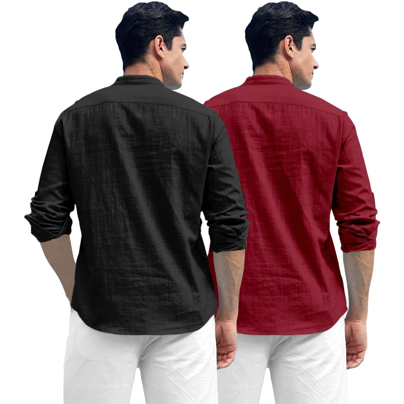 Zombom Combo of Men's Solid Cotton Blend Full Sleeve Straight Kurta Shirt (Pack of 2) Black-Maroon