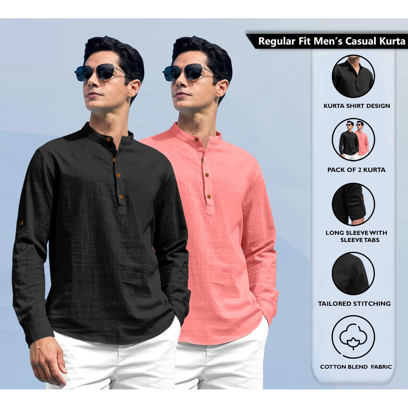 Zombom Combo of Men's Solid Cotton Blend Full Sleeve Straight Kurta Shirt (Pack of 2) Black-Peach