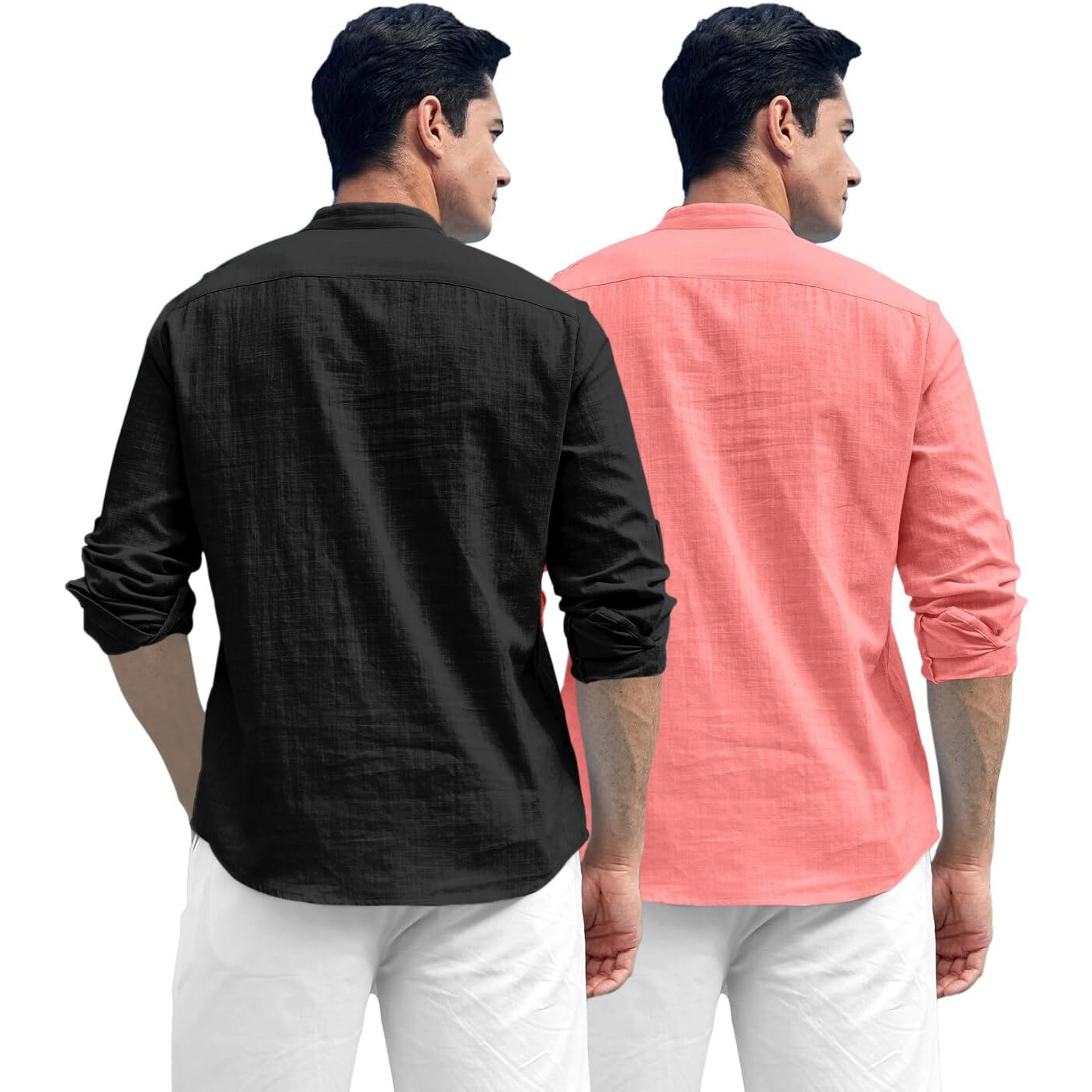 Zombom Combo of Men's Solid Cotton Blend Full Sleeve Straight Kurta Shirt (Pack of 2) Black-Peach