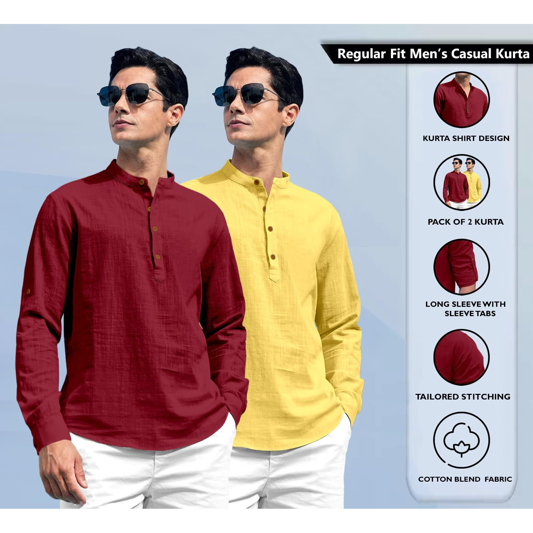 Zombom Combo of Men's Solid Cotton Blend Full Sleeve Straight Kurta Shirt (Pack of 2) Maroon-Yellow