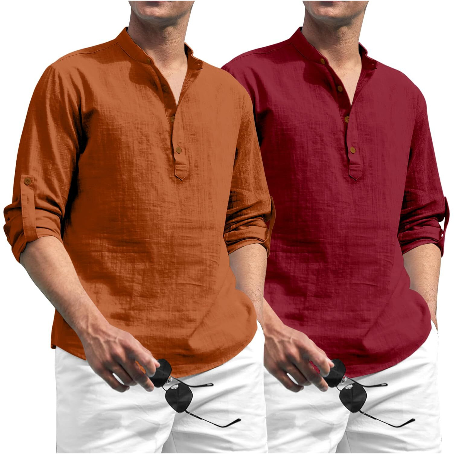 Zombom Combo of Men's Solid Cotton Blend Full Sleeve Straight Kurta Shirt (Pack of 2) Brown-Maroon