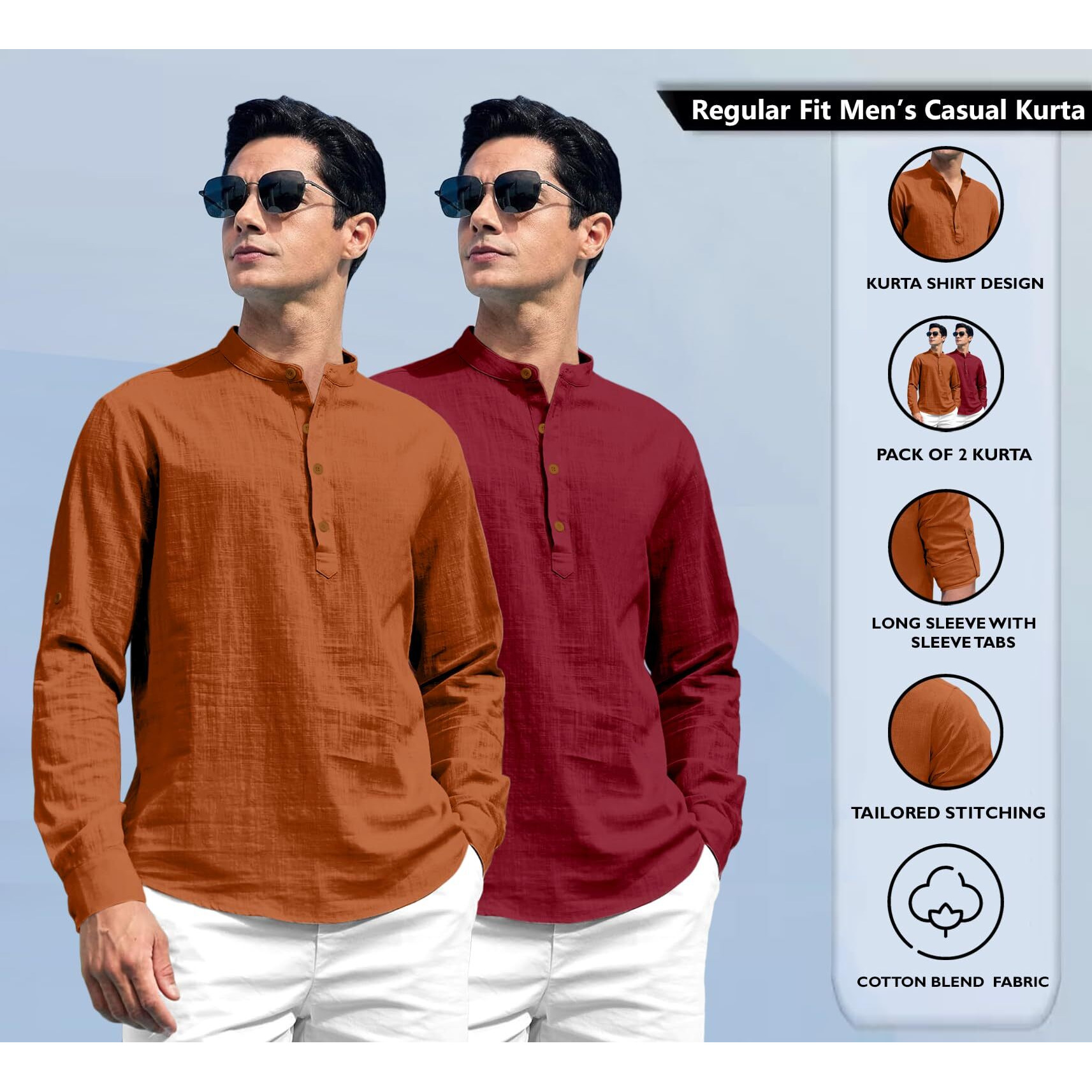 Zombom Combo of Men's Solid Cotton Blend Full Sleeve Straight Kurta Shirt (Pack of 2) Brown-Maroon
