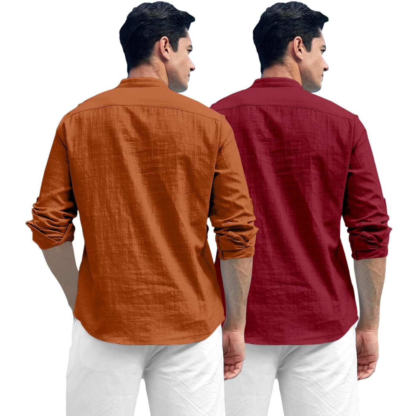 Zombom Combo of Men's Solid Cotton Blend Full Sleeve Straight Kurta Shirt (Pack of 2) Brown-Maroon