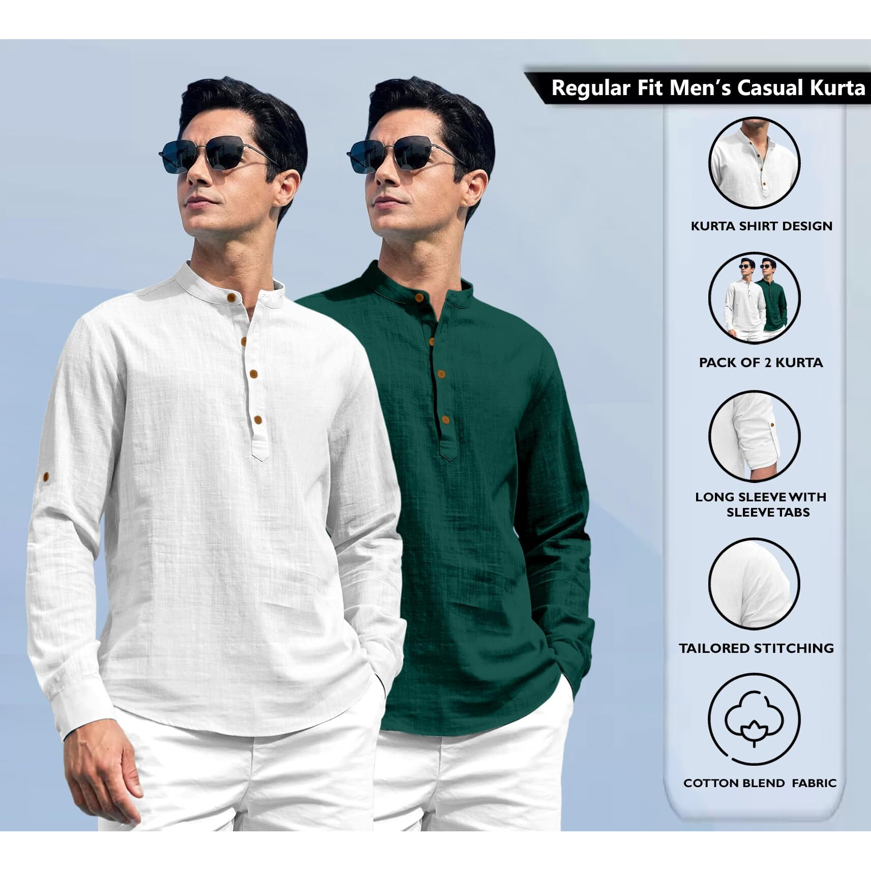 Zombom Combo of Men's Solid Cotton Blend Full Sleeve Straight Kurta Shirt (Pack of 2) White-Green