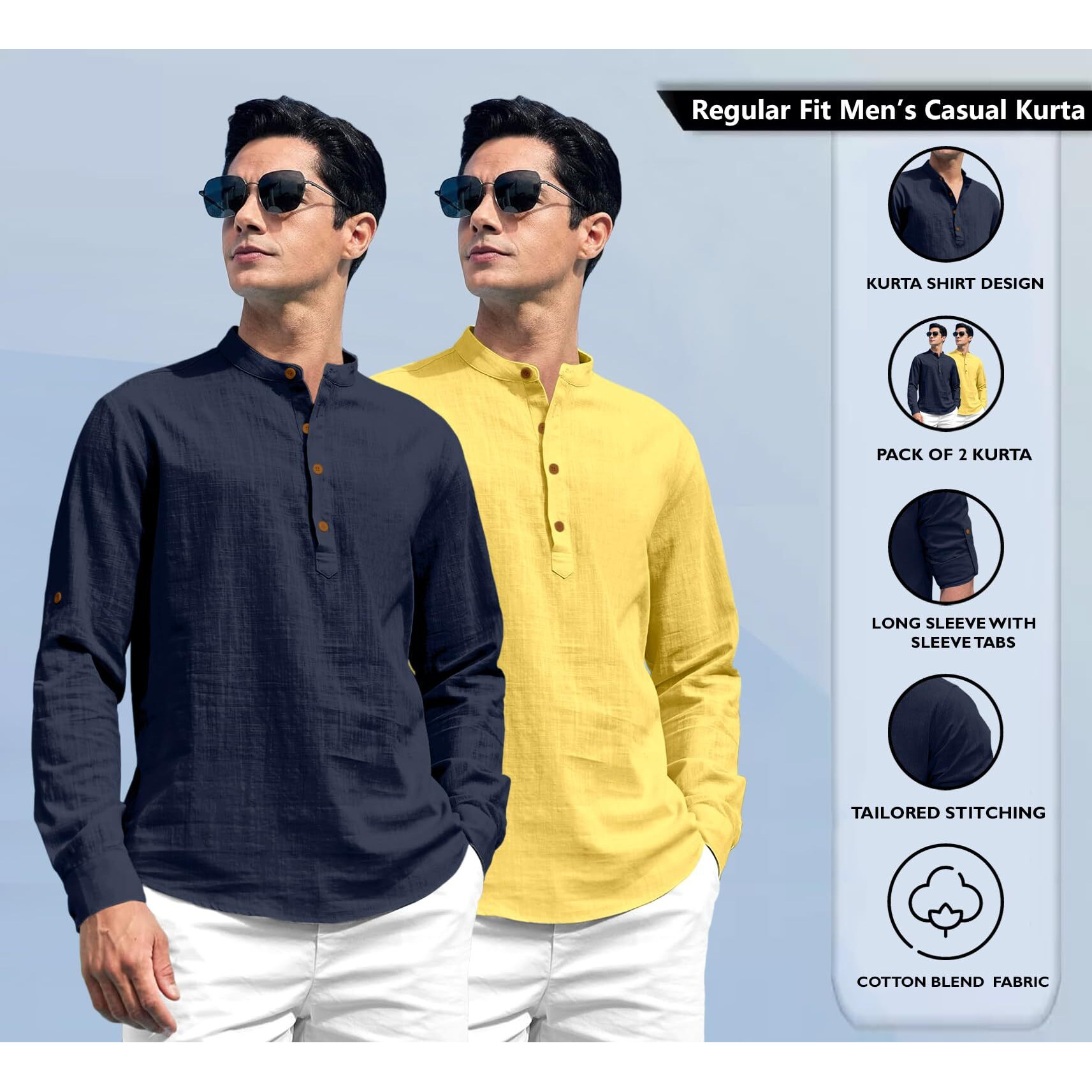 Zombom Combo of Men's Solid Cotton Blend Full Sleeve Straight Kurta Shirt (Pack of 2) Navy Blue-Yellow