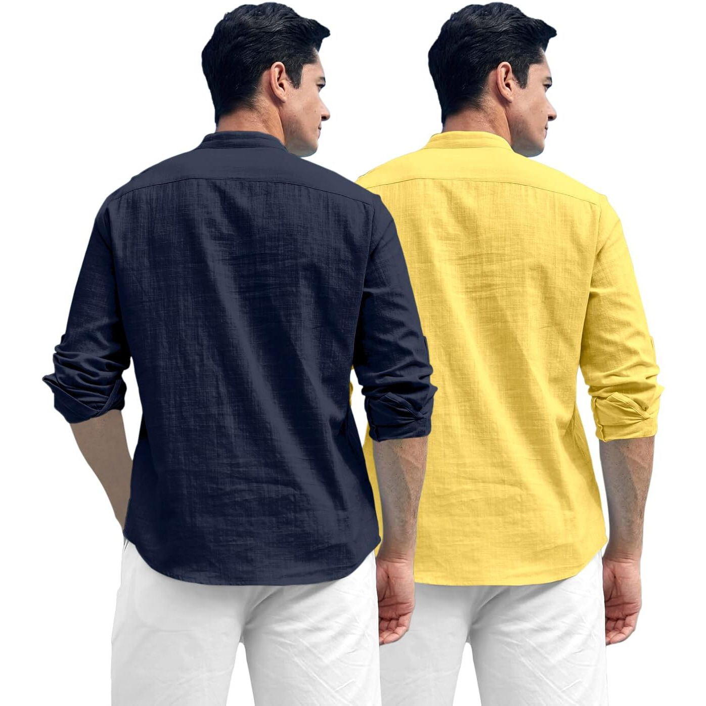 Zombom Combo of Men's Solid Cotton Blend Full Sleeve Straight Kurta Shirt (Pack of 2) Navy Blue-Yellow
