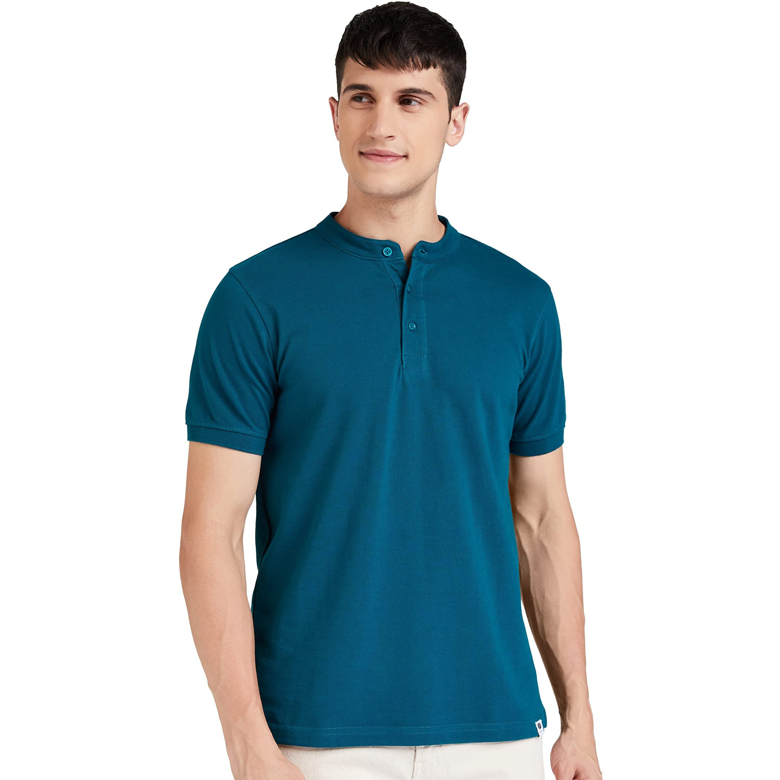 Amazon Brand - Symbol Men's Cotton Rich Polo T Shirt | Mandarin Collar Tshirts | Half Sleeves | Plain - Regular Fit (Fog Teal_M)