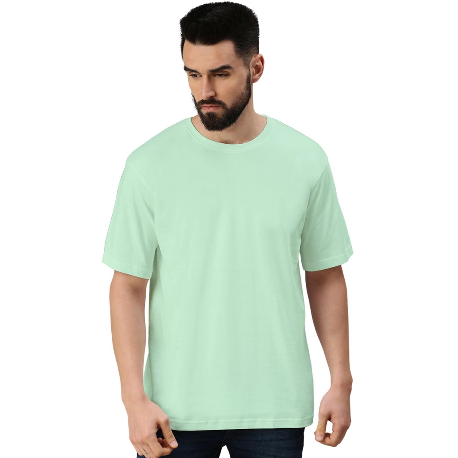 VeirdoFog Green Oversized Baggy Fit Drop Shoulder Half Sleeves Round Neck Solid Pure Cotton T-Shirt for Men (OS_100_FOGGREEN_M)