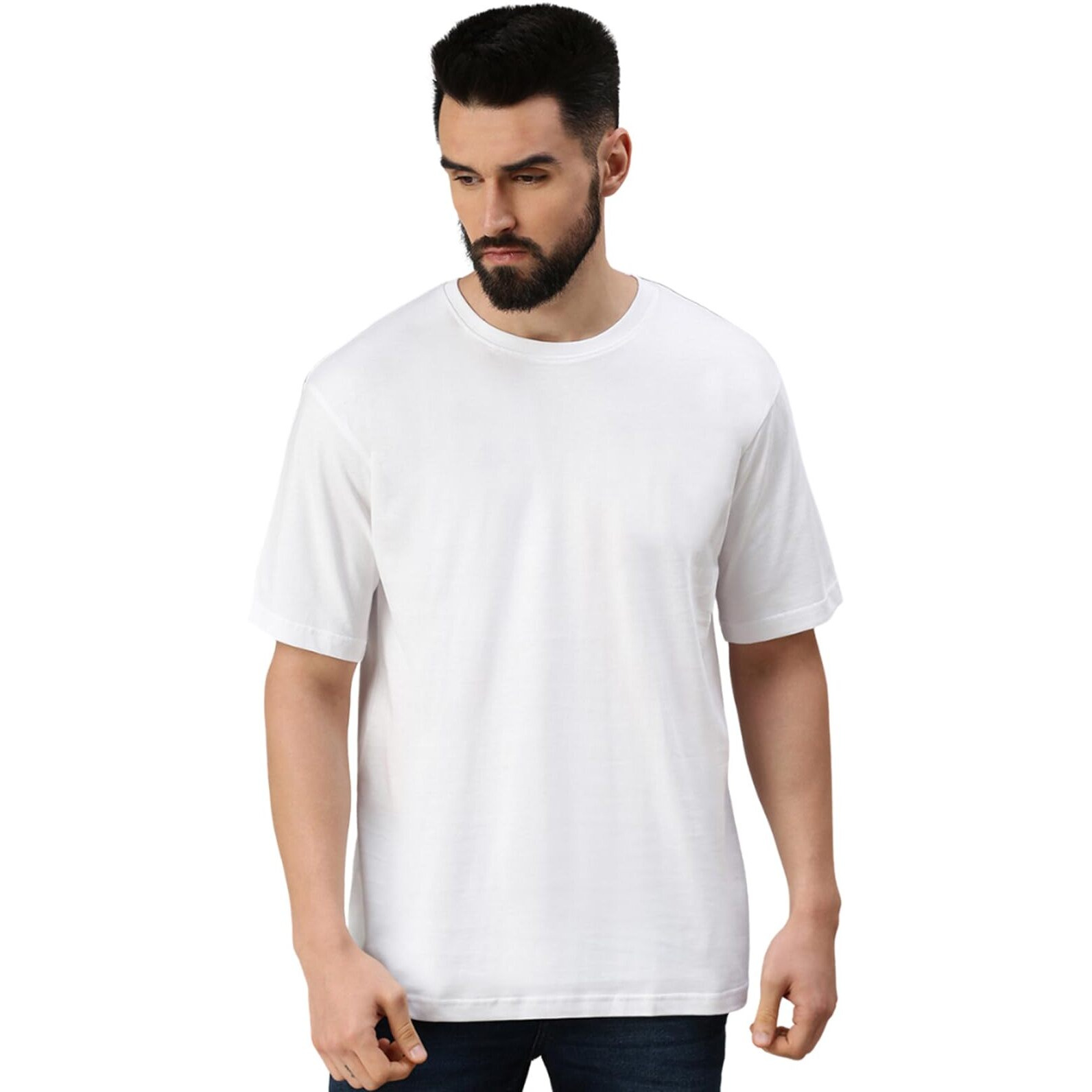 VeirdoWhite Oversized Baggy Fit Drop Shoulder Half Sleeves Round Neck Solid Pure Cotton T-Shirt for Men (OS_100_White_XXL)