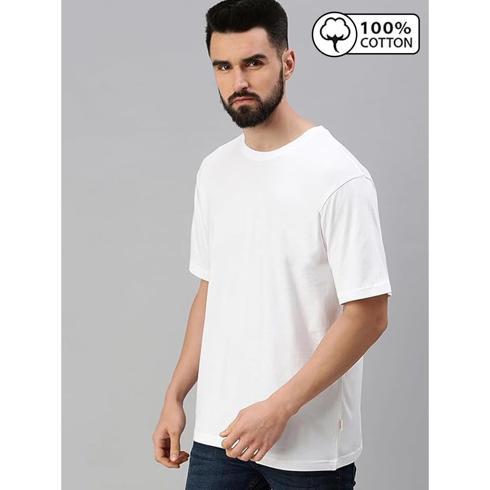 VeirdoWhite Oversized Baggy Fit Drop Shoulder Half Sleeves Round Neck Solid Pure Cotton T-Shirt for Men (OS_100_White_XXL)