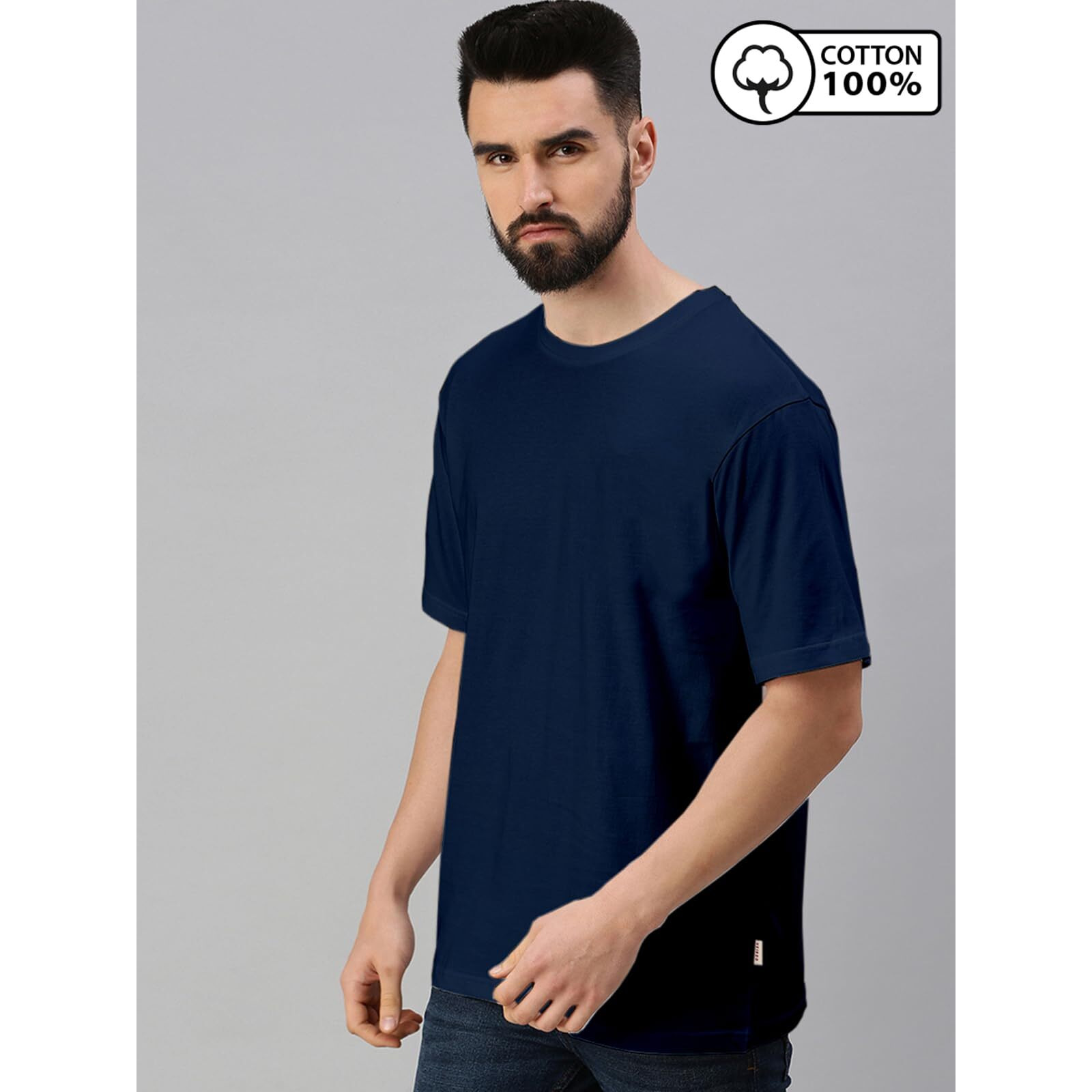 VeirdoNavy Oversized Baggy Fit Drop Shoulder Half Sleeves Round Neck Solid Pure Cotton T-Shirt for Men (OS_100_Navy_XL)