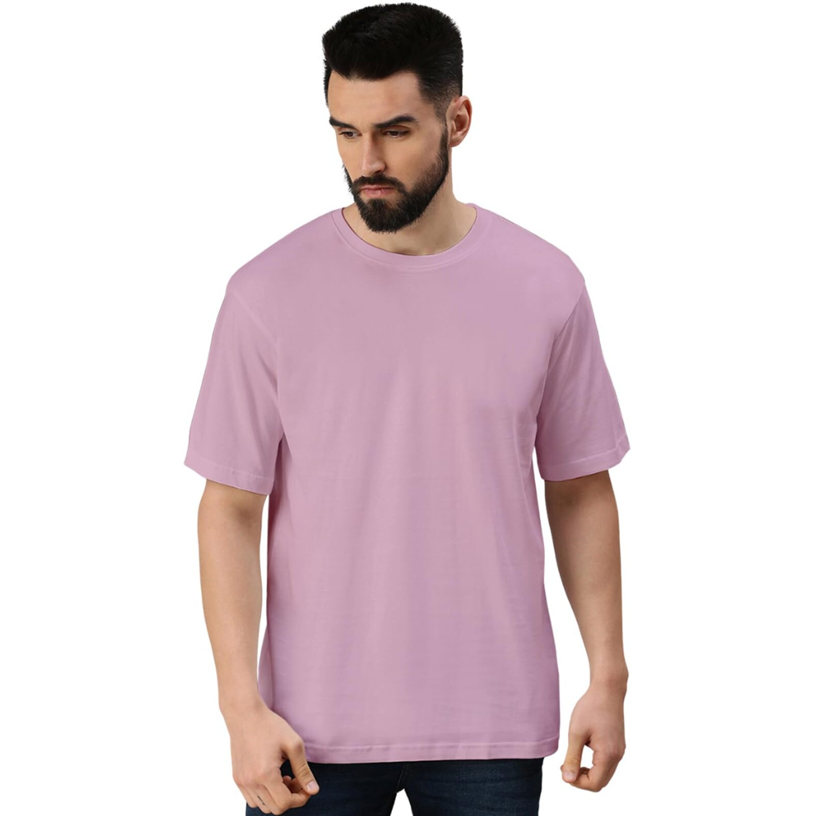 VeirdoLilac Oversized Baggy Fit Drop Shoulder Half Sleeves Round Neck Solid Pure Cotton T-Shirt for Men (OS_100_Lilac_M)