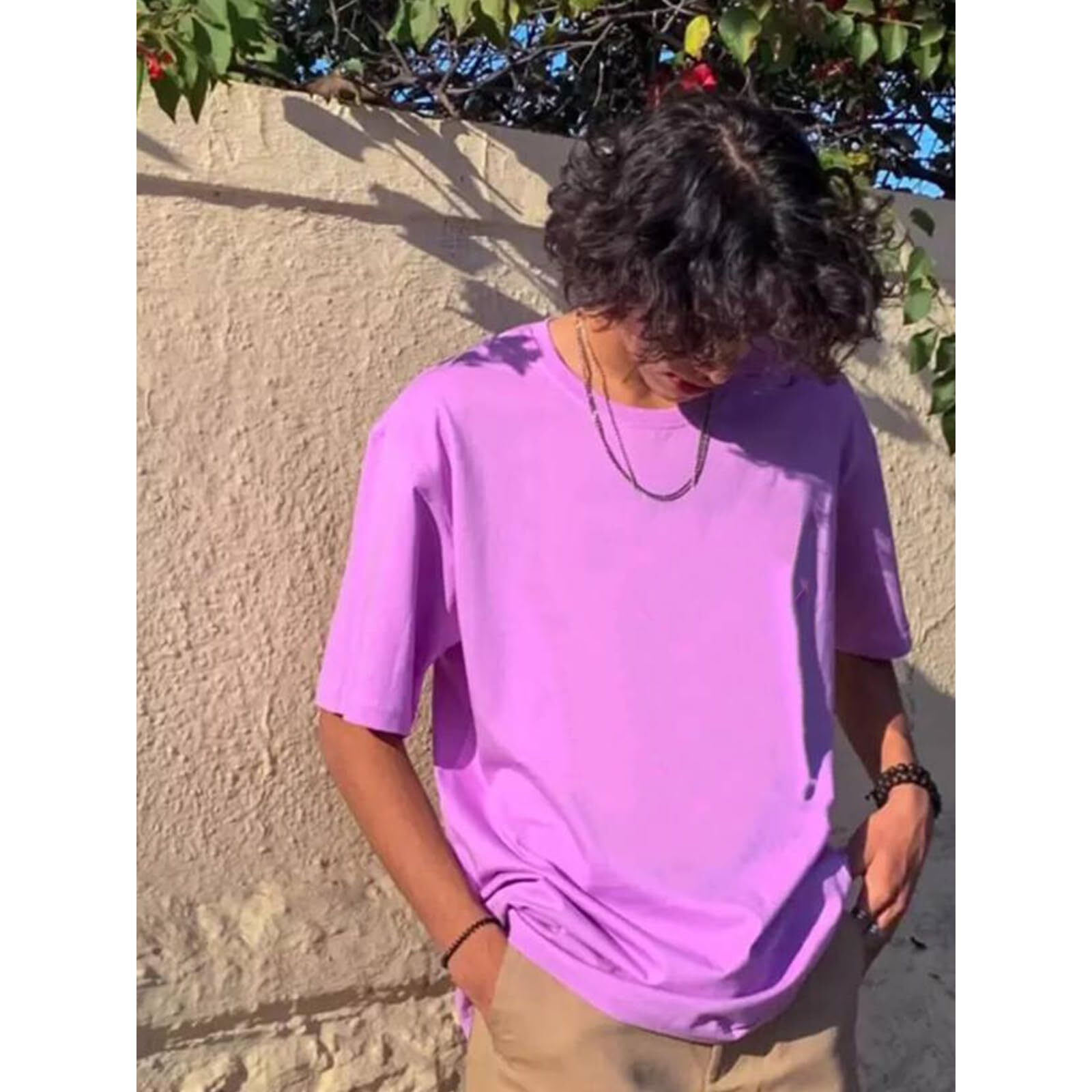 VeirdoLilac Oversized Baggy Fit Drop Shoulder Half Sleeves Round Neck Solid Pure Cotton T-Shirt for Men (OS_100_Lilac_M)