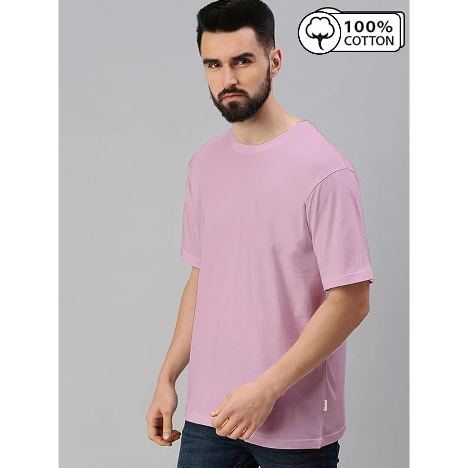 VeirdoLilac Oversized Baggy Fit Drop Shoulder Half Sleeves Round Neck Solid Pure Cotton T-Shirt for Men (OS_100_Lilac_M)