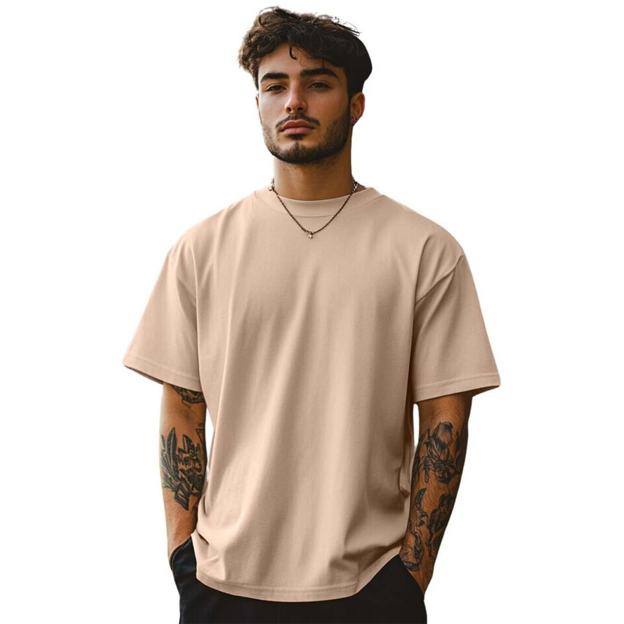 Veirdo Swan White Oversized Baggy Fit Drop Shoulder Half Sleeves Round Neck Solid Pure Cotton T-Shirt for Men (OS_100_SWANWHITE_XXL)