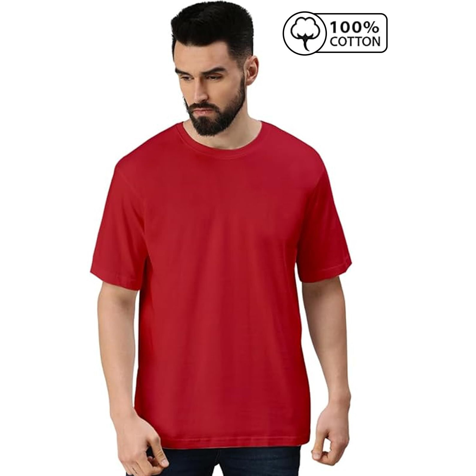 VeirdoRed Oversized Baggy Fit Drop Shoulder Half Sleeves Round Neck Solid Pure Cotton T-Shirt for Men (OS_100_RED_L)