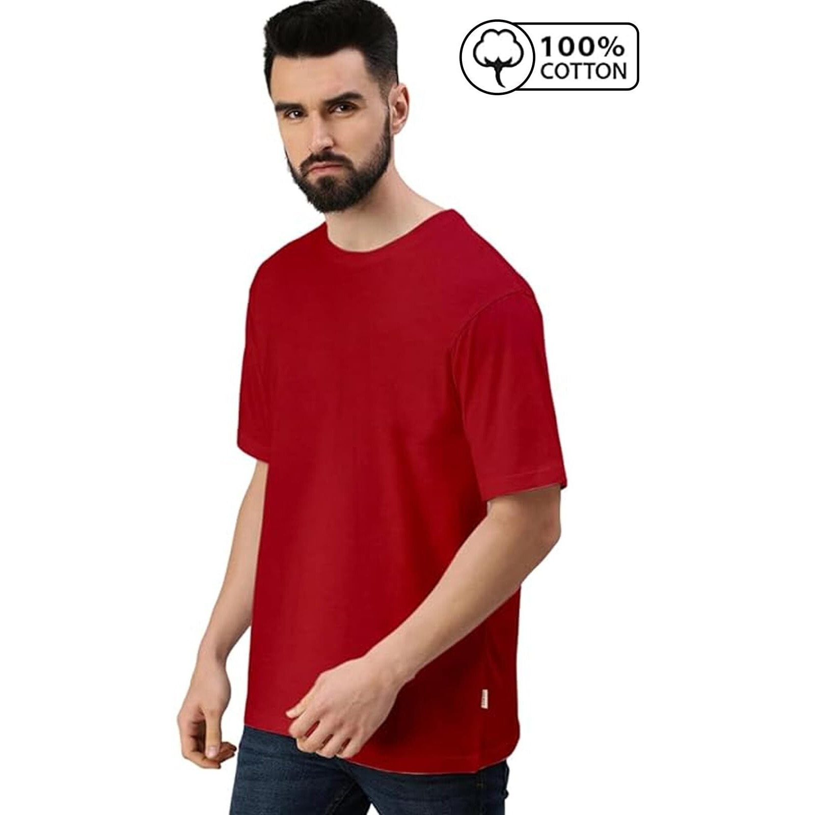 VeirdoRed Oversized Baggy Fit Drop Shoulder Half Sleeves Round Neck Solid Pure Cotton T-Shirt for Men (OS_100_RED_L)