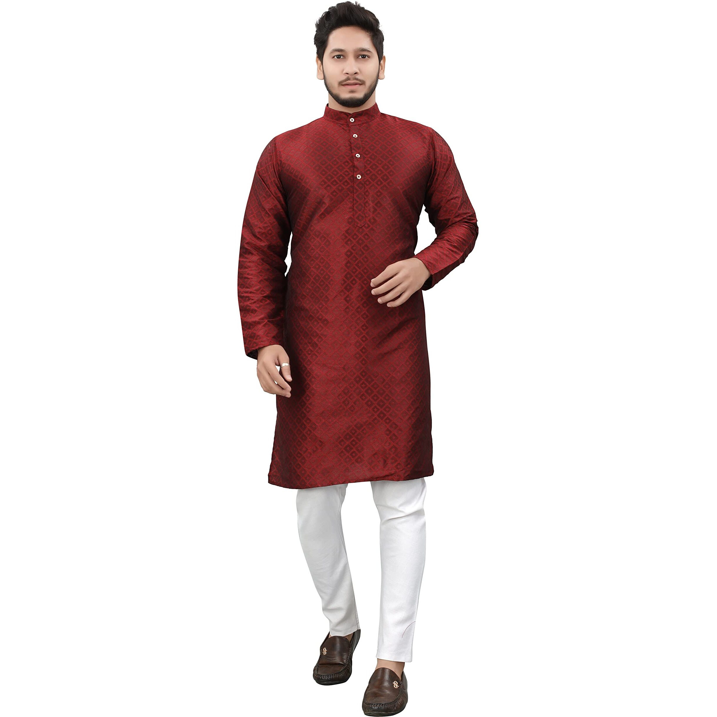 More & More Men's Cottan Blend Kurta Maroon