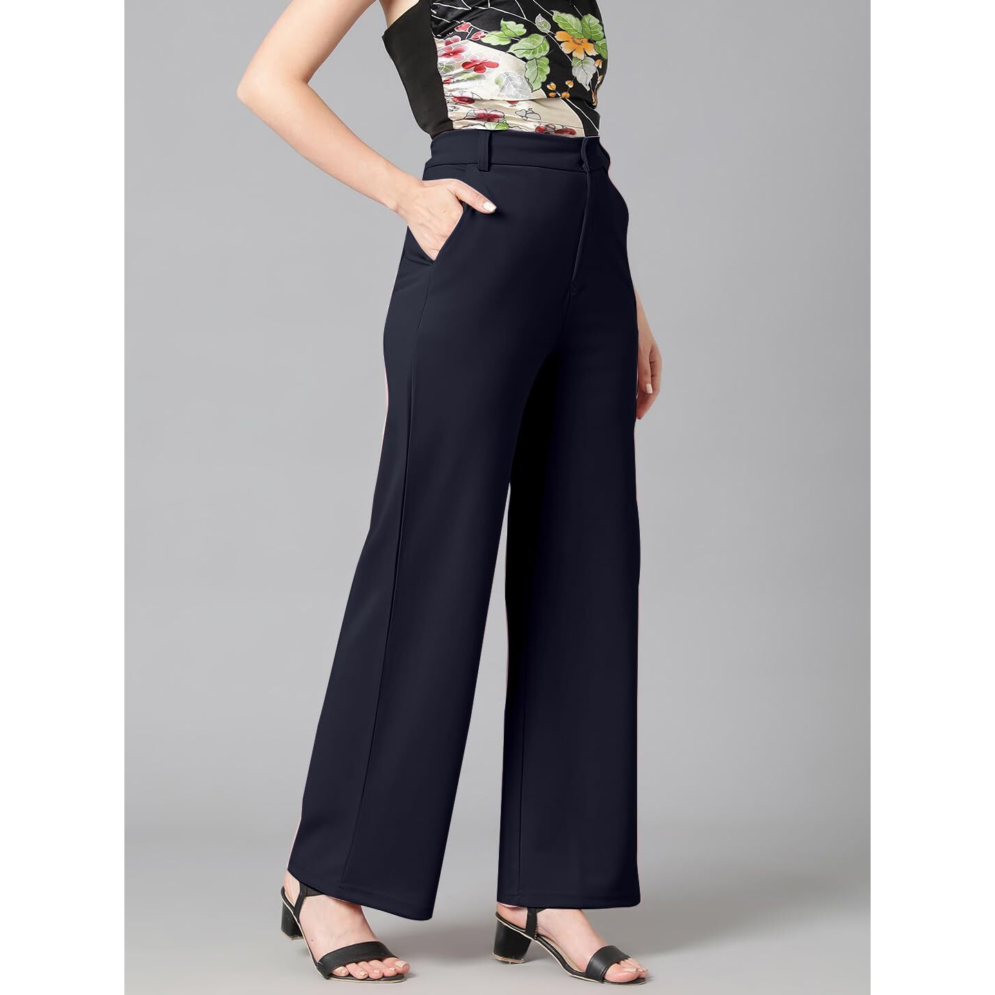 KOTTY Women's High Rise Cotton Blend Relaxed Fit Trousers Navy Blue