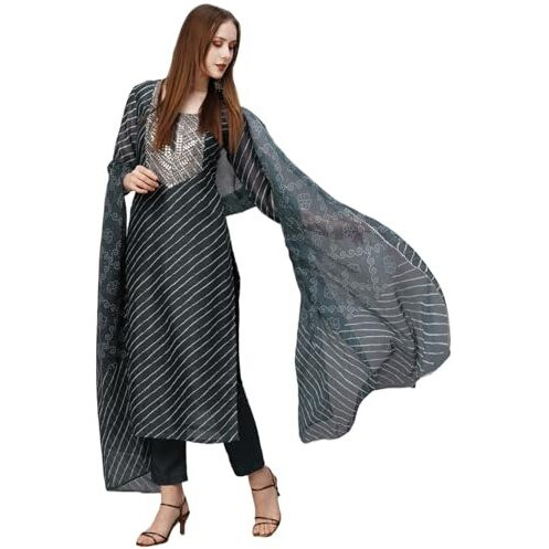 ANNI DESIGNER Women's Cotton Blend Straight Printed Kurta with Pant & Dupatta (Doremi Black_XXL_Black_XX-Large)