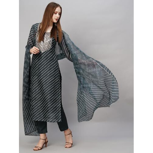 ANNI DESIGNER Women's Cotton Blend Straight Printed Kurta with Pant & Dupatta (Doremi Black_XXL_Black_XX-Large)