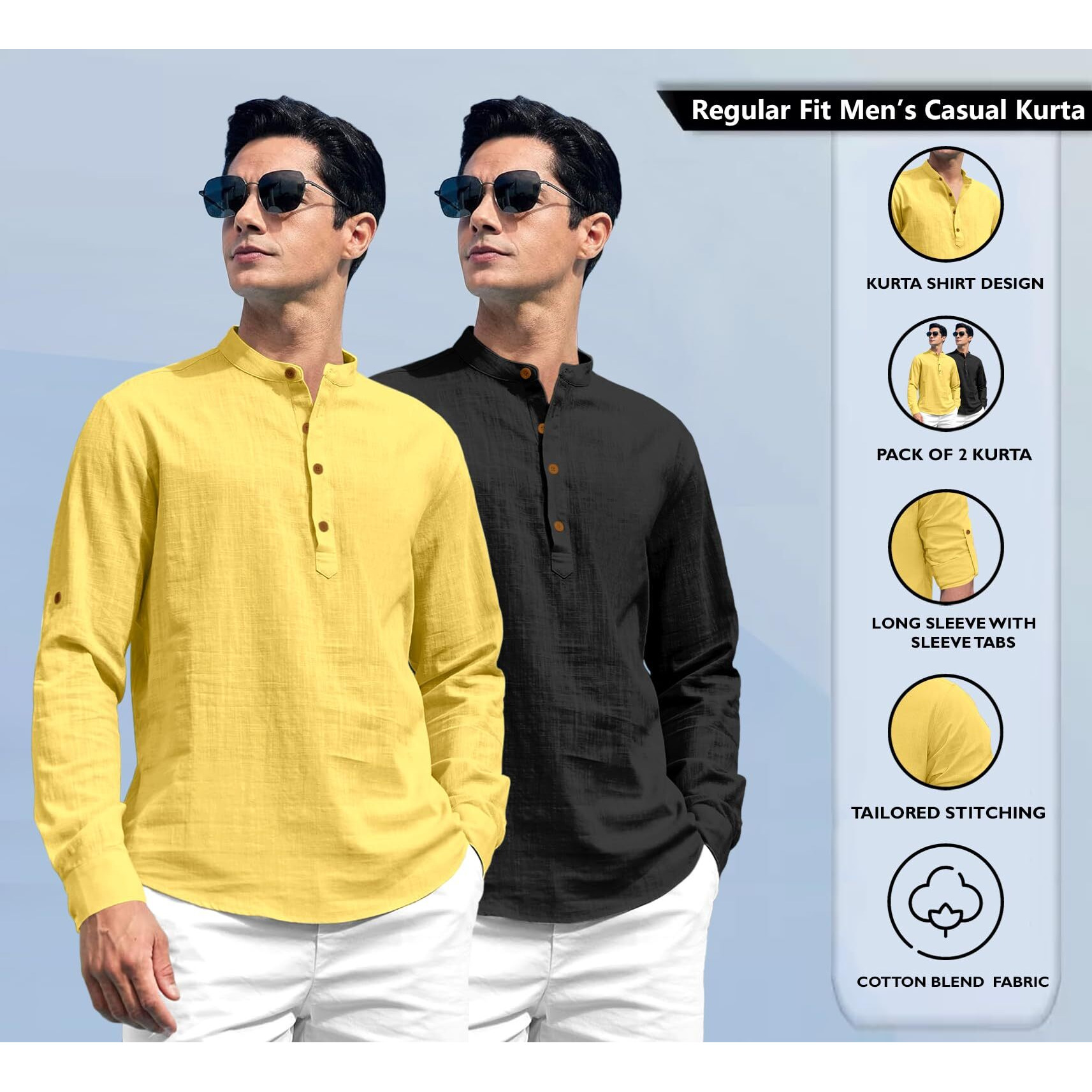 Zombom Combo of Men's Solid Cotton Blend Full Sleeve Straight Kurta Shirt (Pack of 2) Yellow-Black