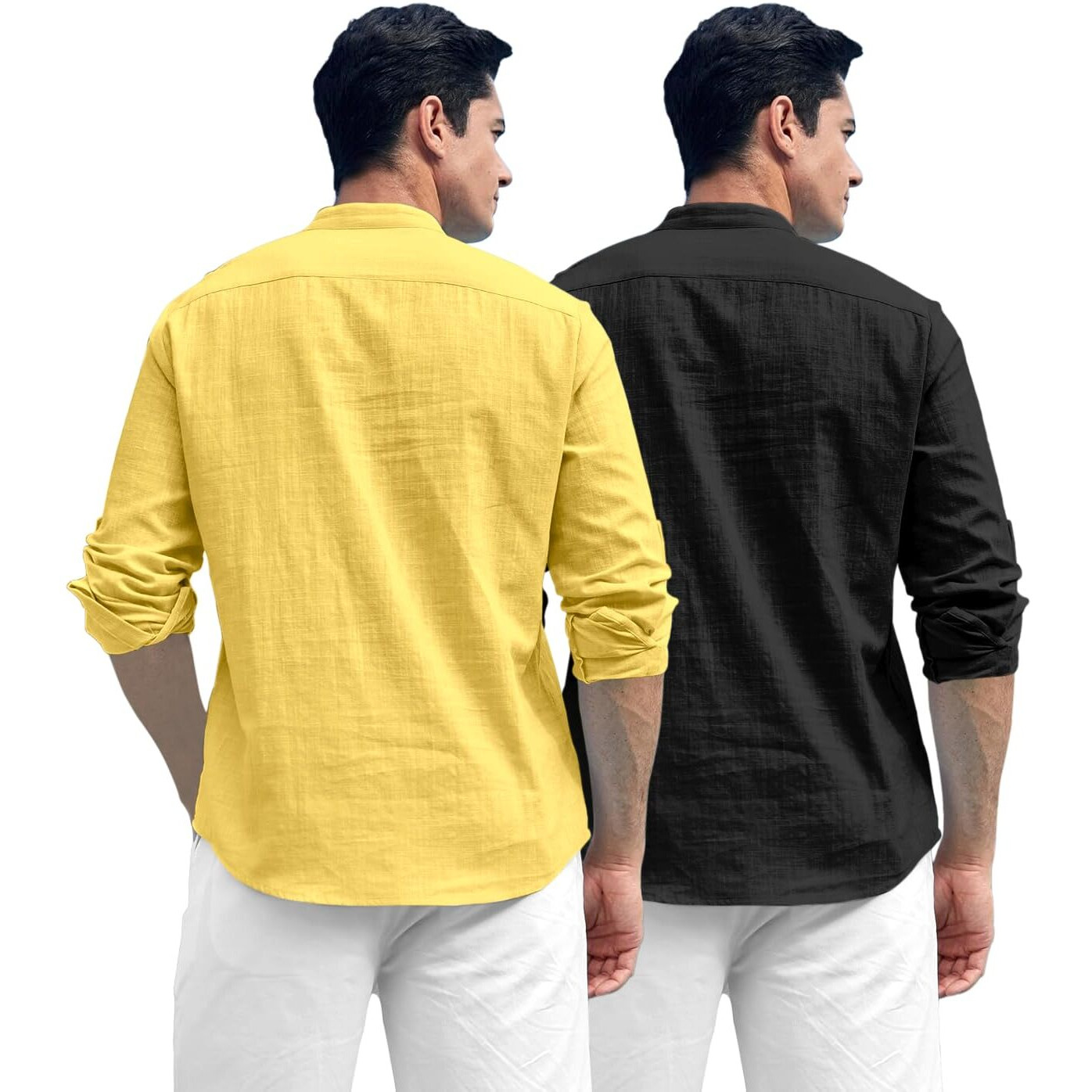 Zombom Combo of Men's Solid Cotton Blend Full Sleeve Straight Kurta Shirt (Pack of 2) Yellow-Black