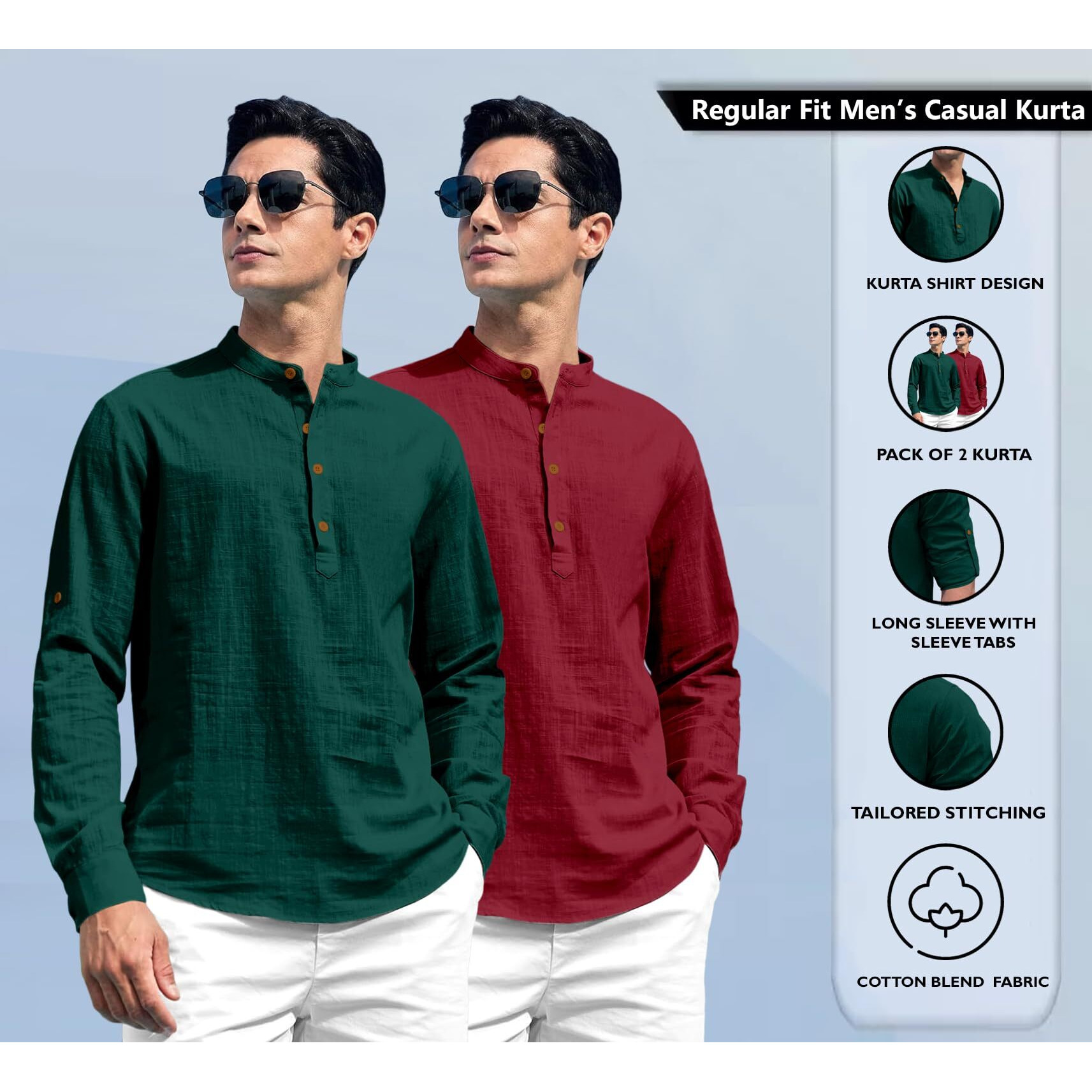 Zombom Combo of Men's Solid Cotton Blend Full Sleeve Straight Kurta Shirt (Pack of 2) Green-Maroon