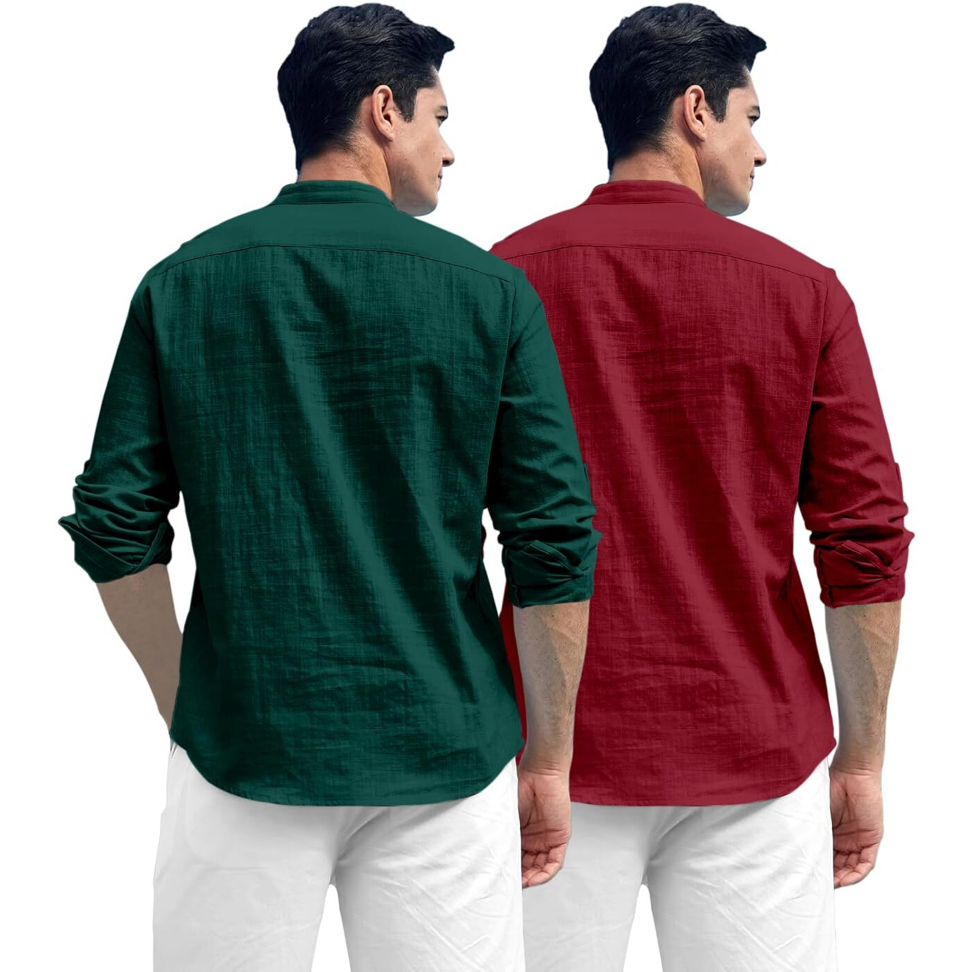Zombom Combo of Men's Solid Cotton Blend Full Sleeve Straight Kurta Shirt (Pack of 2) Green-Maroon