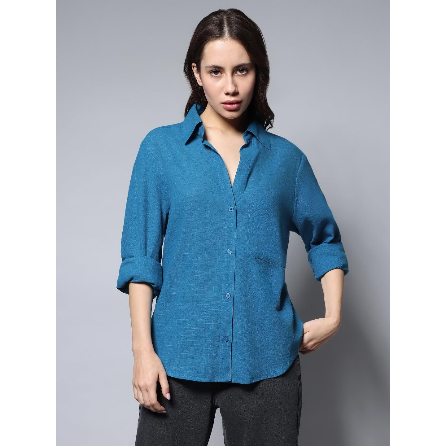 HIGH STAR Women's Oversized Fit Shirt (HSWSHW23509_BL_Blue