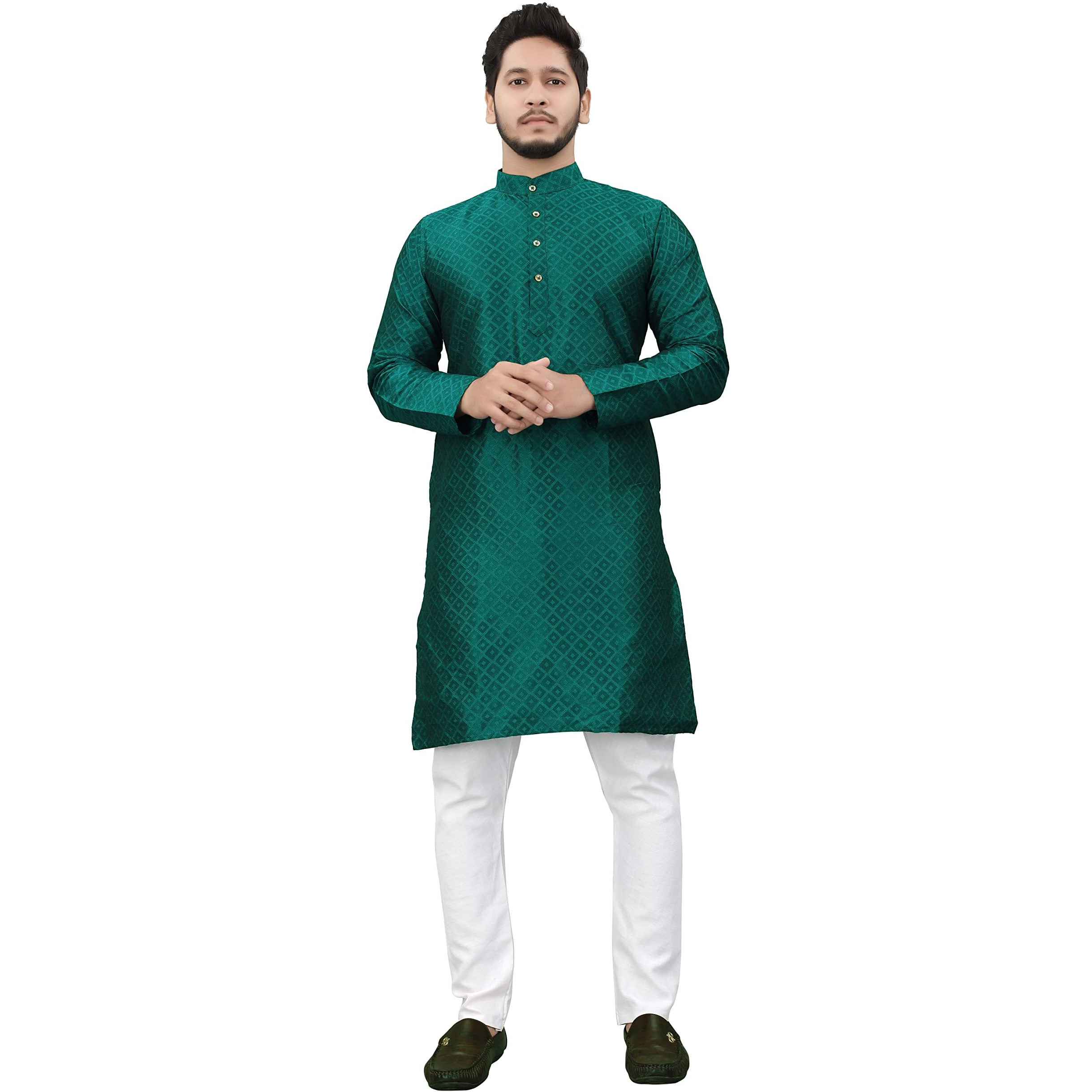 More & More Men's Cotton Blend Regular Kurta (Dark Green, 2XL)
