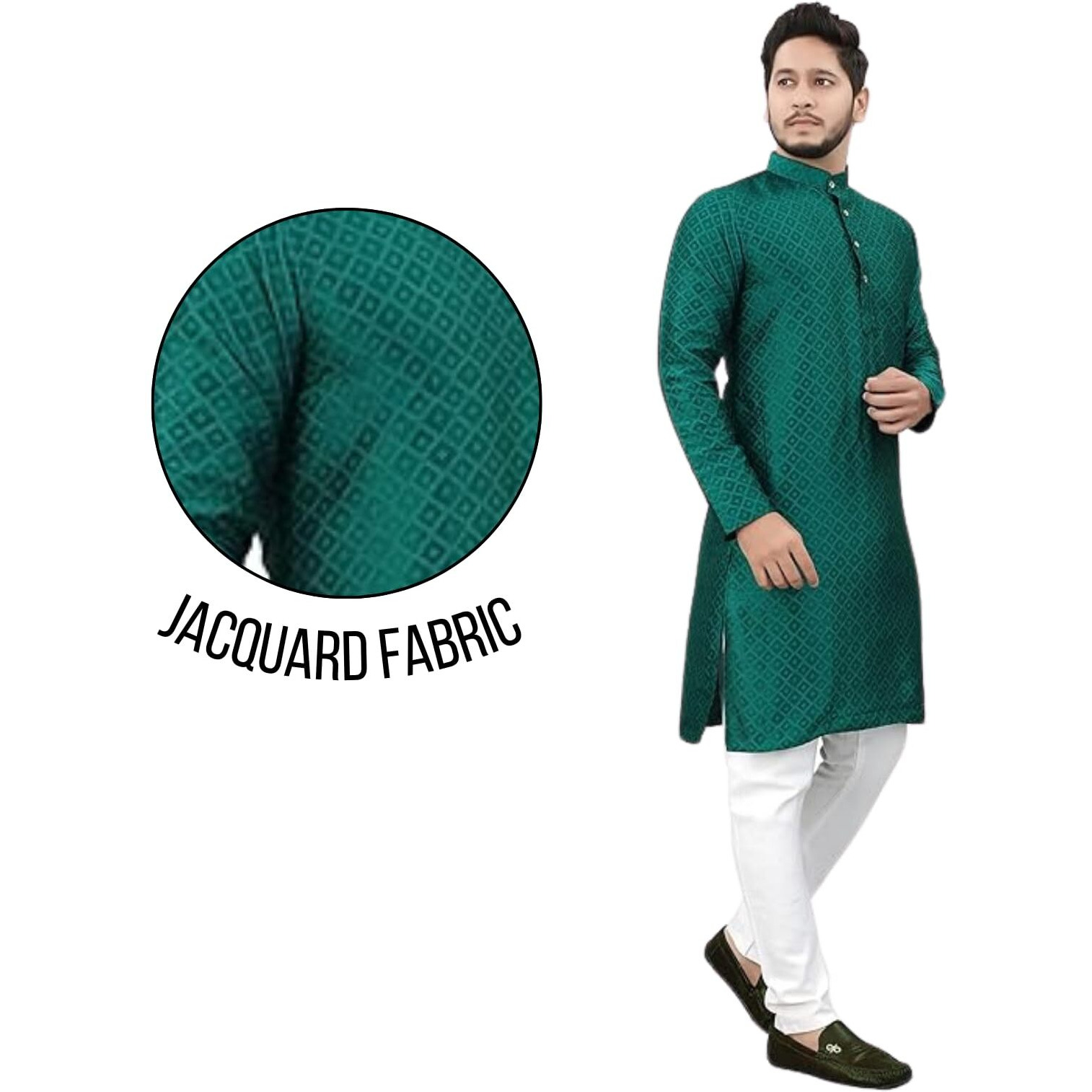 More & More Men's Cotton Blend Regular Kurta (Dark Green, 2XL)
