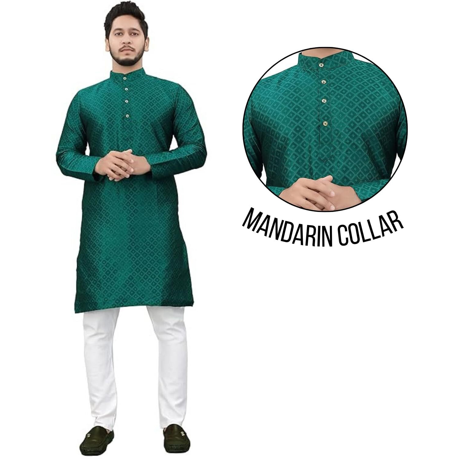 More & More Men's Cotton Blend Regular Kurta (Dark Green, 2XL)