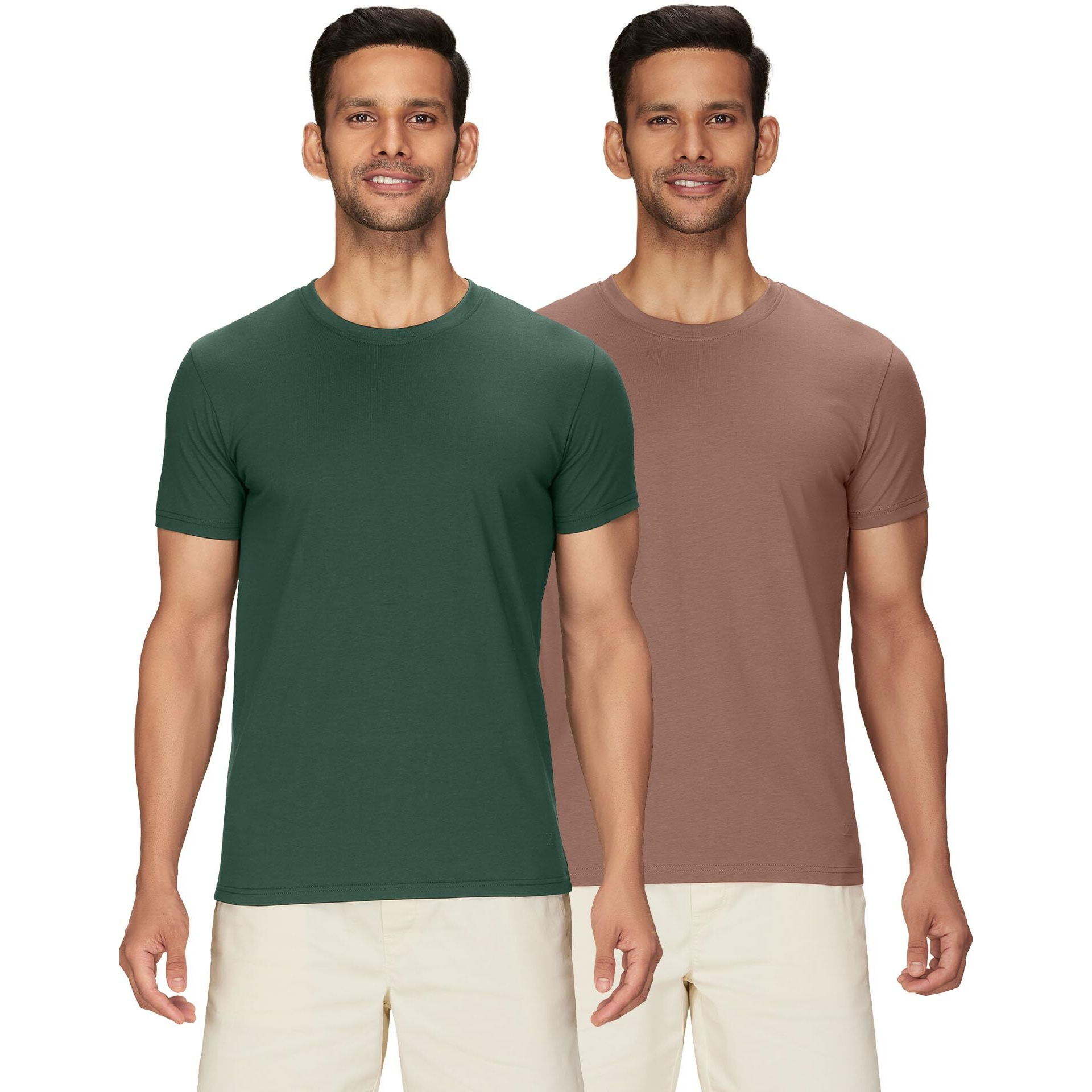 XYXX Men's Solid Regular Fit T-Shirt (XY_CR15_Tshirt_2_Pine Green+Brown Latte
