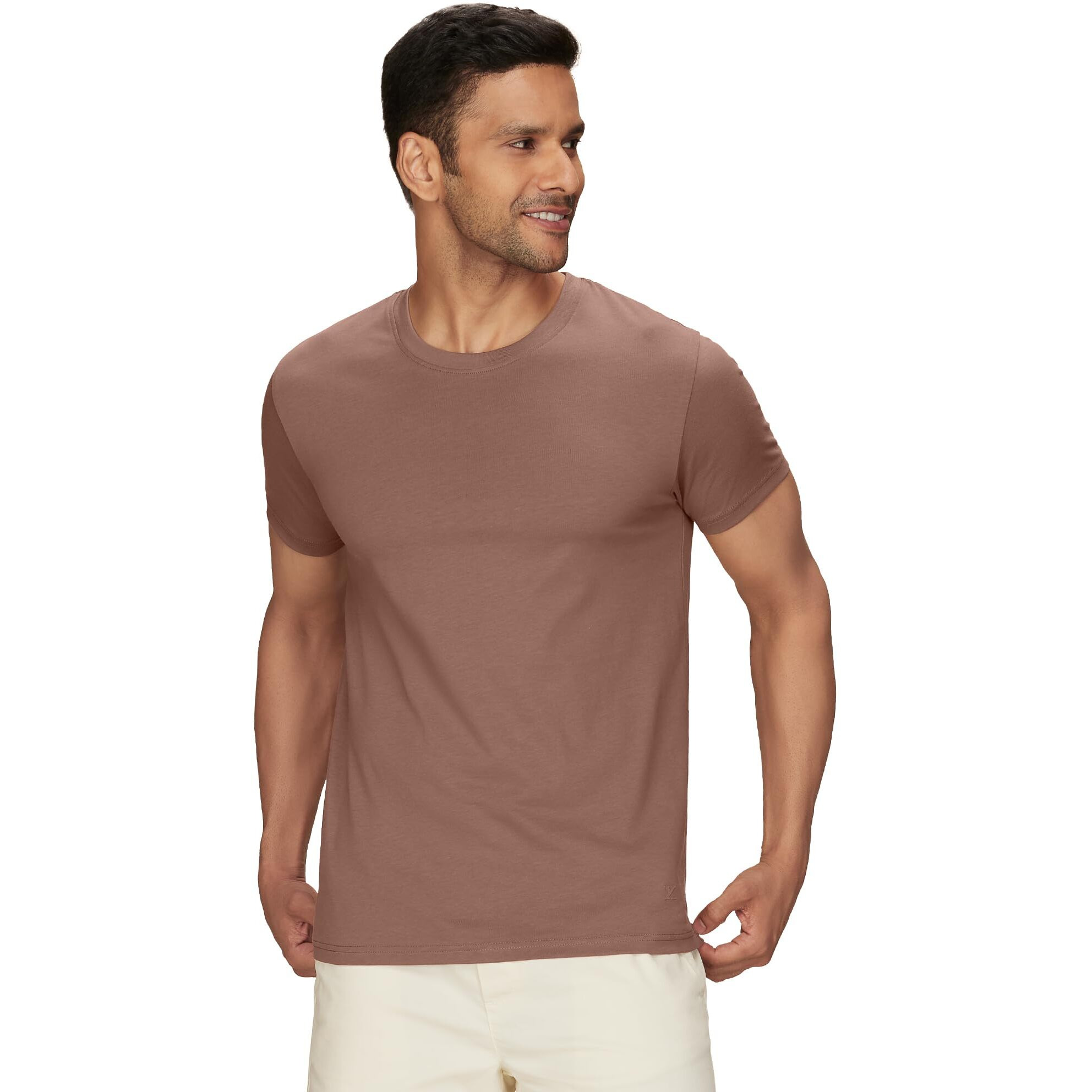 XYXX Men's Solid Regular Fit T-Shirt (XY_CR15_Tshirt_2_Pine Green+Brown Latte