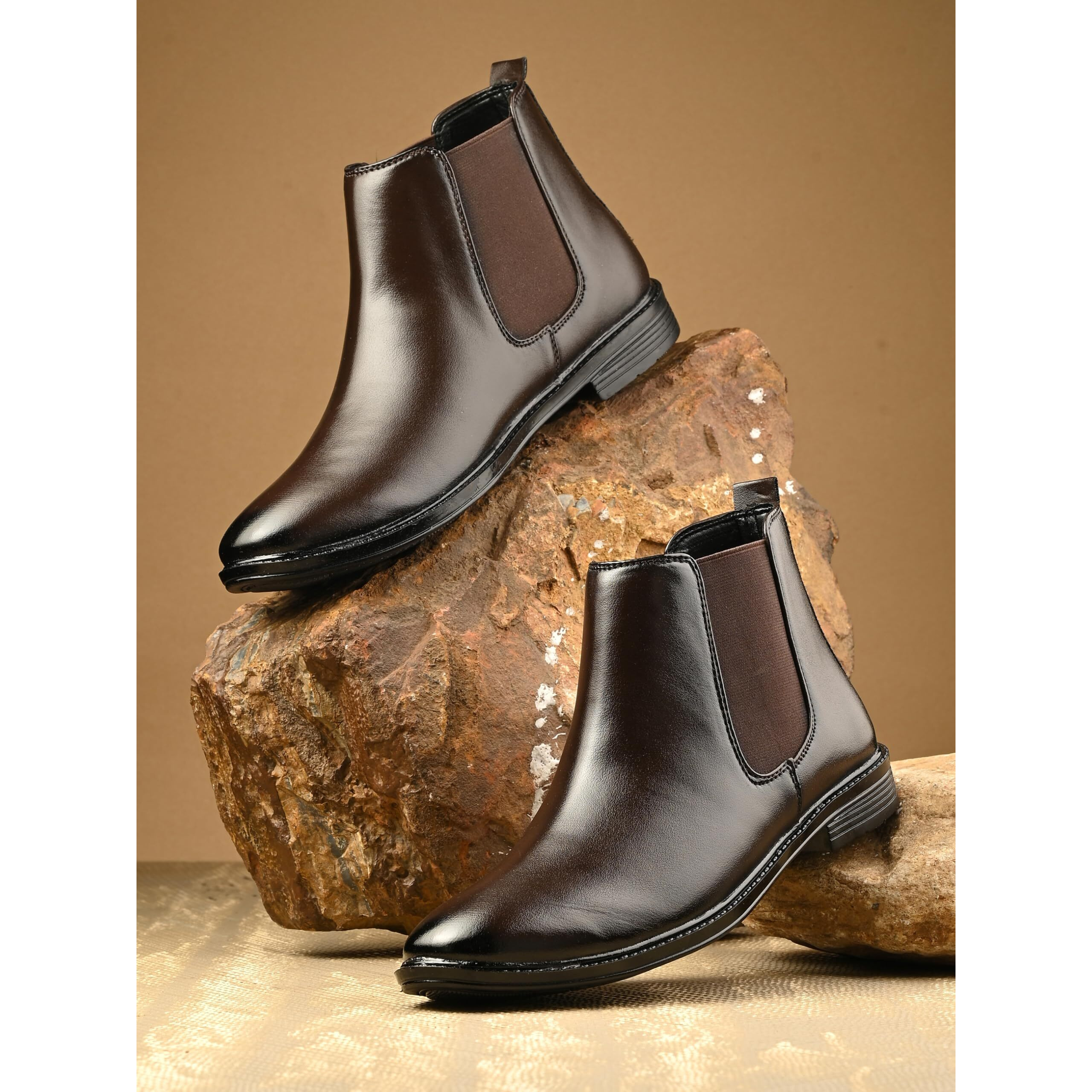AADI Men's Brown Synthetic Leather Lightweight Comfortable Trendy Outdoor Casual Shoes Slip On Chelsea Boots