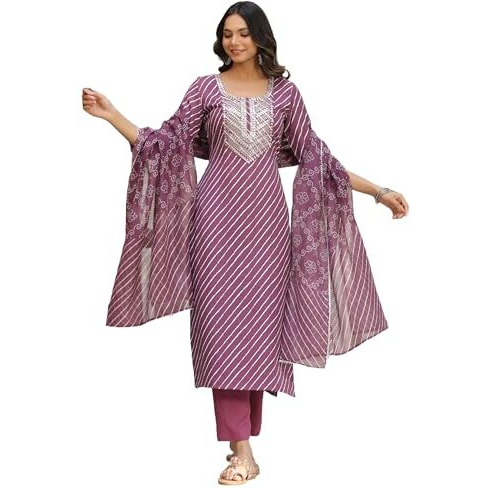 ANNI DESIGNER Women's Cotton Blend Straight Printed Kurta with Pant & Dupatta (DOREMI-Wine_L_Wine_Large)