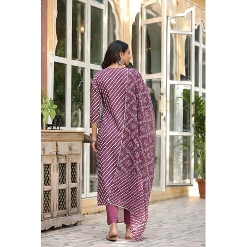 ANNI DESIGNER Women's Cotton Blend Straight Printed Kurta with Pant & Dupatta (DOREMI-Wine_L_Wine_Large)