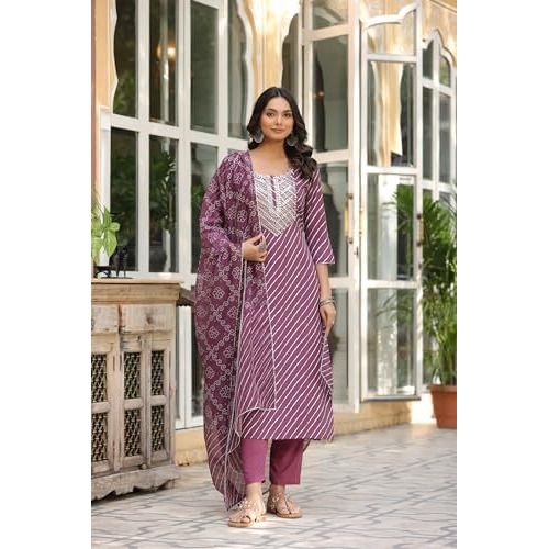 ANNI DESIGNER Women's Cotton Blend Straight Printed Kurta with Pant & Dupatta (DOREMI-Wine_L_Wine_Large)
