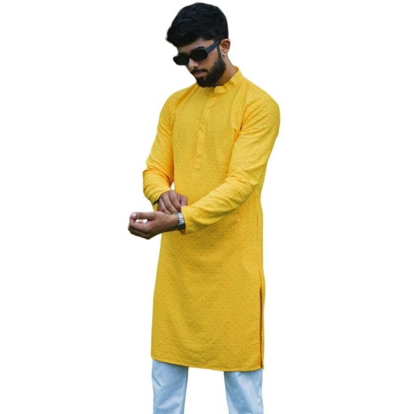 LookMark Present Men's Pure Rayon Chikankari Sequins Kurta||Men's Chikankari Yellow Coloured Kurta|| AZ-LM-OG-Kurta 11 Yellow-XXL