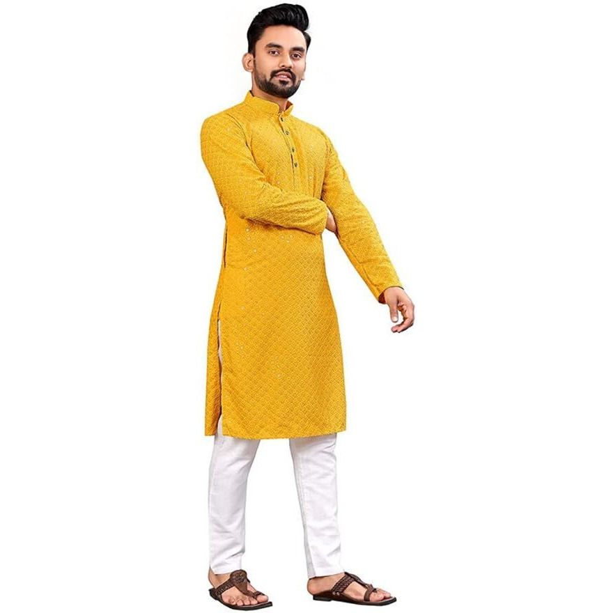 LookMark Present Men's Pure Rayon Chikankari Sequins Kurta||Men's Chikankari Yellow Coloured Kurta|| AZ-LM-OG-Kurta 11 Yellow-XXL