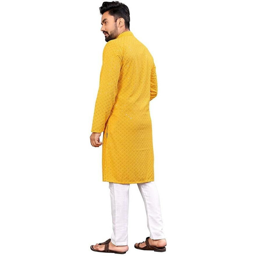 LookMark Present Men's Pure Rayon Chikankari Sequins Kurta||Men's Chikankari Yellow Coloured Kurta|| AZ-LM-OG-Kurta 11 Yellow-XXL