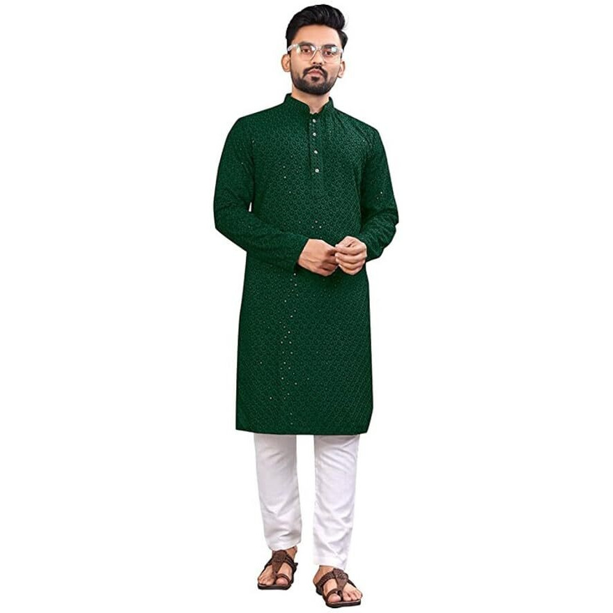 LookMark Present Men's Pure Rayon Chikankari Sequins Kurta||Men's Chikankari Green Coloured Kurta|| AZ-LM-OG-Kurta 11 Green-XXL