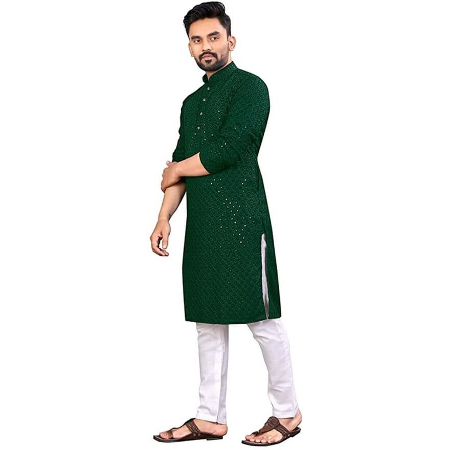 LookMark Present Men's Pure Rayon Chikankari Sequins Kurta||Men's Chikankari Green Coloured Kurta|| AZ-LM-OG-Kurta 11 Green-XXL