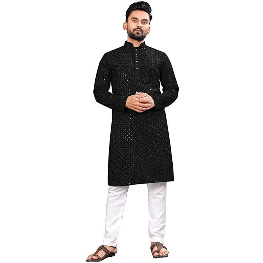 LookMark Present Men's Pure Rayon Chikankari Sequins Kurta||Men's Chikankari Black Coloured Kurta|| AZ-LM-OG-Kurta 11 Black-XXL