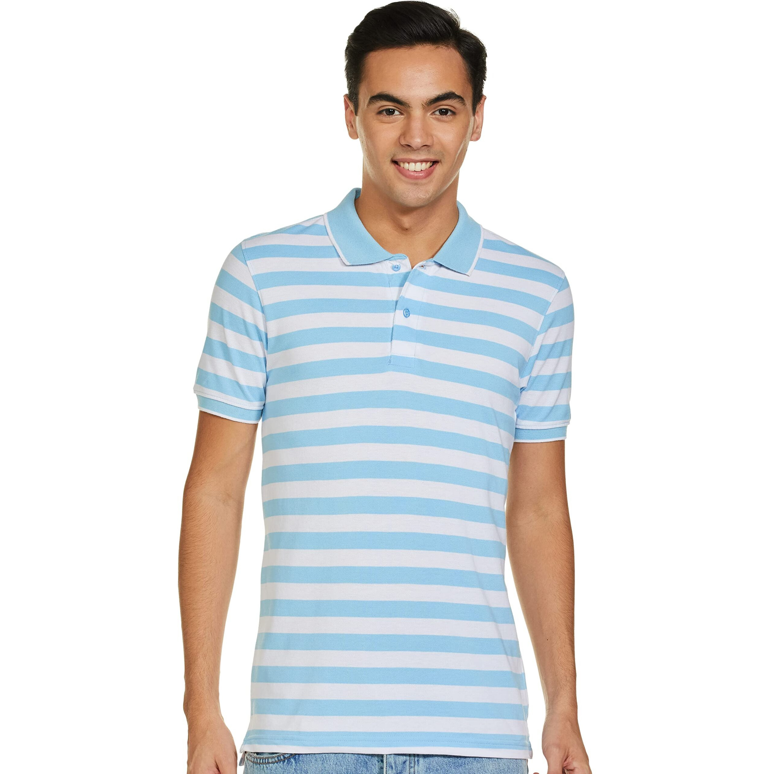 Amazon Brand - Symbol Men's Cotton Rich Striped Polo T Shirt | Collar Tshirts | Half Sleeves - Regular Fit (Sky Blue and White_M)