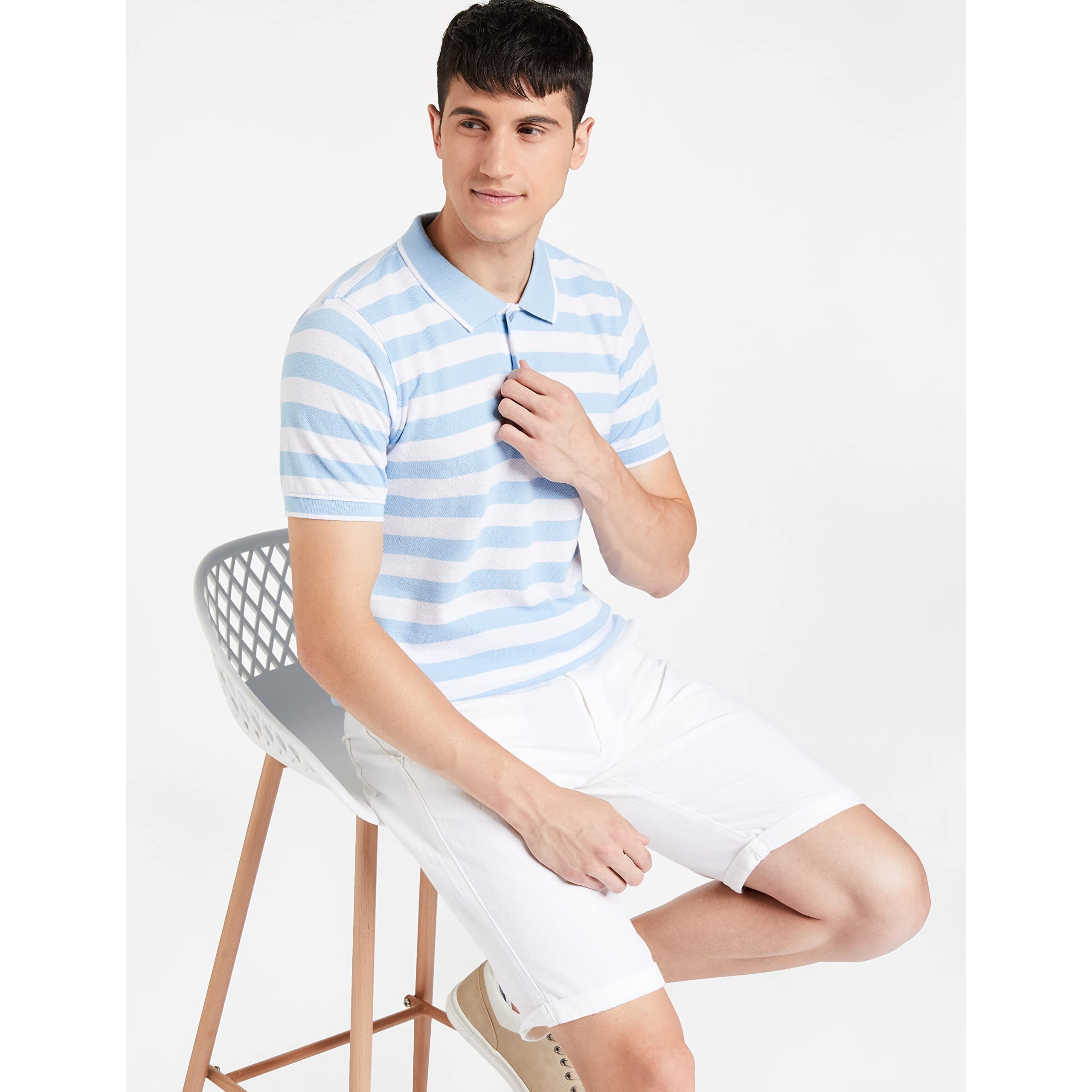 Amazon Brand - Symbol Men's Cotton Rich Striped Polo T Shirt | Collar Tshirts | Half Sleeves - Regular Fit (Sky Blue and White_M)