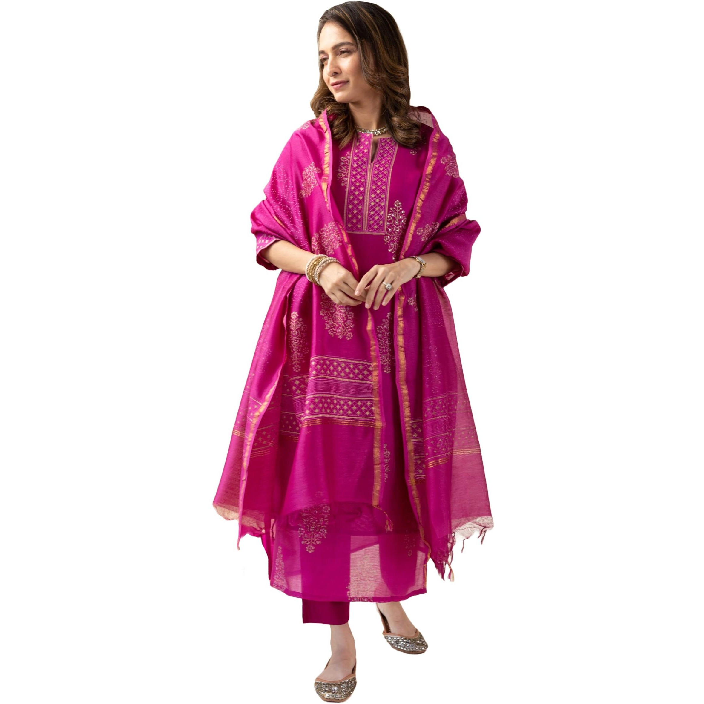 GoSriKi Women's Rayon Blend Straight Printed Kurta with Pant & Dupatta (MANGAI Pink-GS_S_Pink_Small)