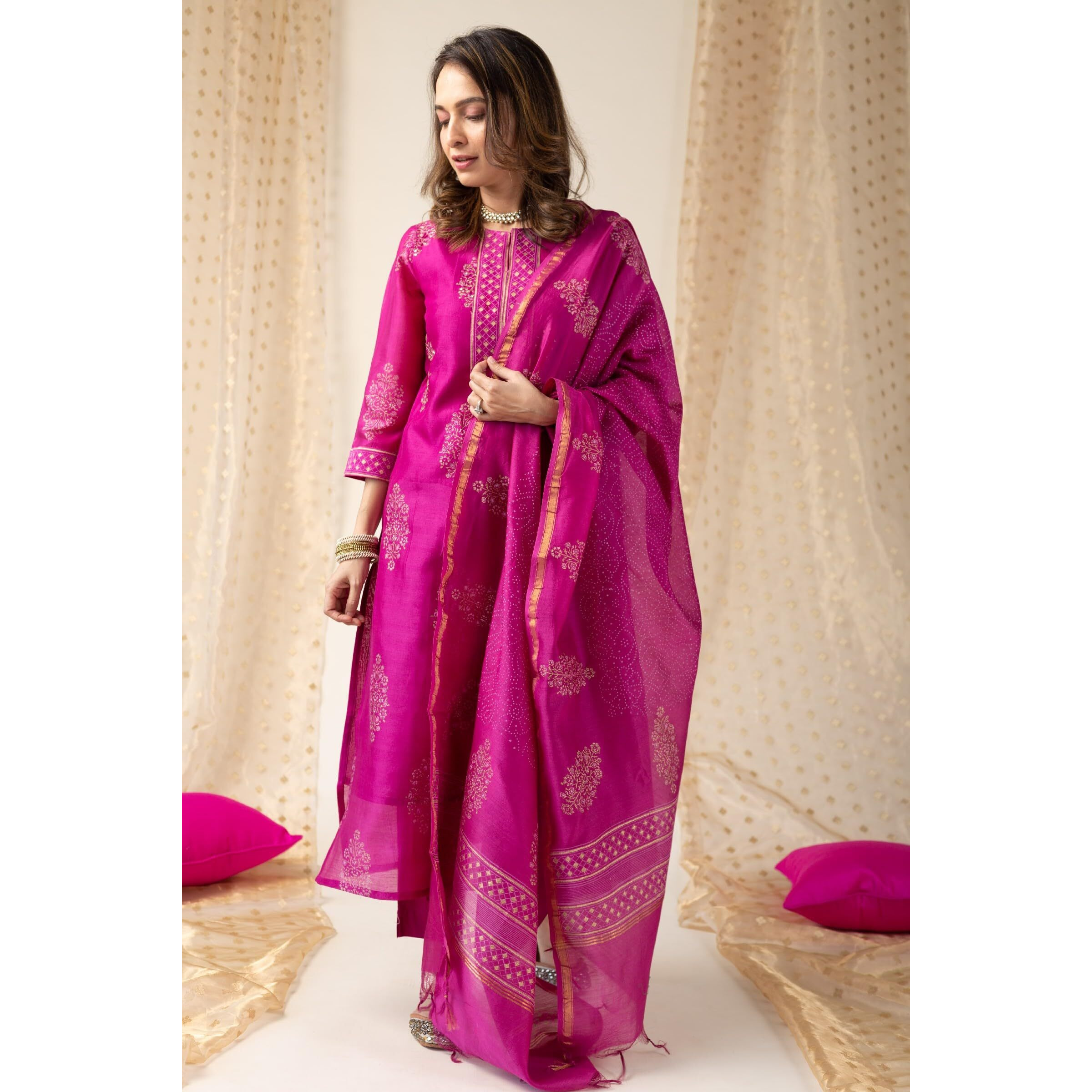 GoSriKi Women's Rayon Blend Straight Printed Kurta with Pant & Dupatta (MANGAI Pink-GS_S_Pink_Small)
